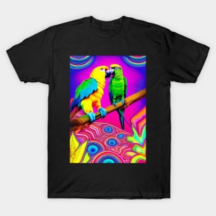 2 RICHLY COLORED PARROTS  WITH RAINBOWS T-Shirt